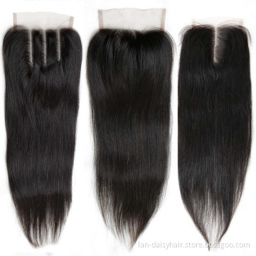 Lan-Daisy Peruvian Straight Human Hair Lace Closure 4X4 Free Part  150% Density  Three Part And Middle Part Closure